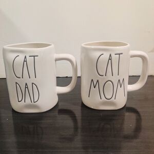 2 RAE DUNN "Cat Mom" - "Cat Dad" Coffee Mugs Cozy White/Black Ceramic 16oz Cups